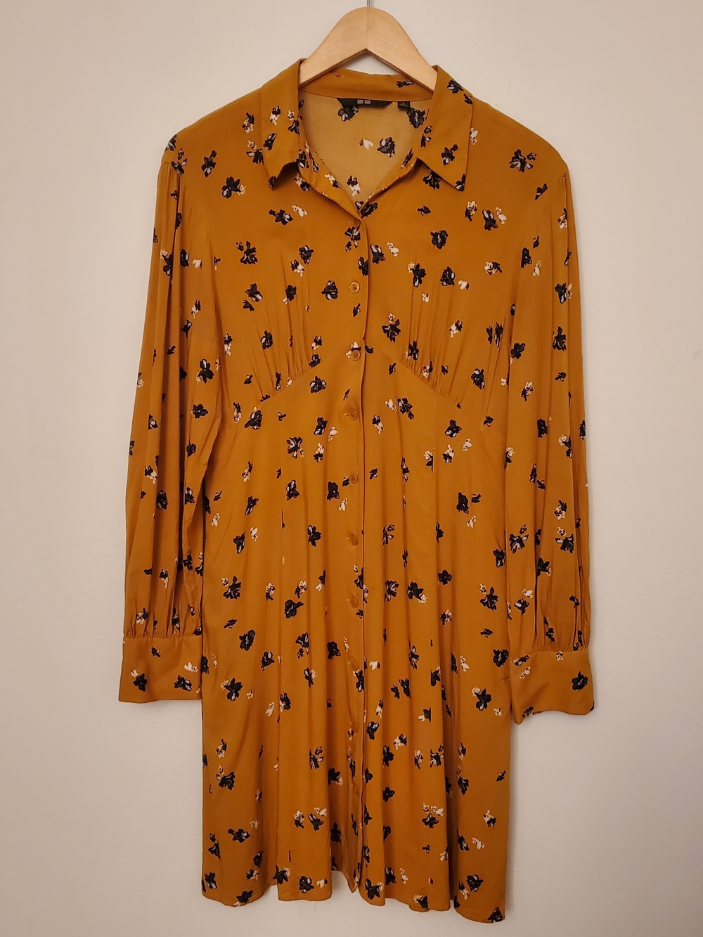 Uniqlo Mustard Floral Long-Sleeve Shirt Dress